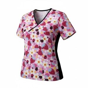 Melrose Women's Mock Wrap Scrub Top Size Large Strawberries Ladybugs Pink Shirt